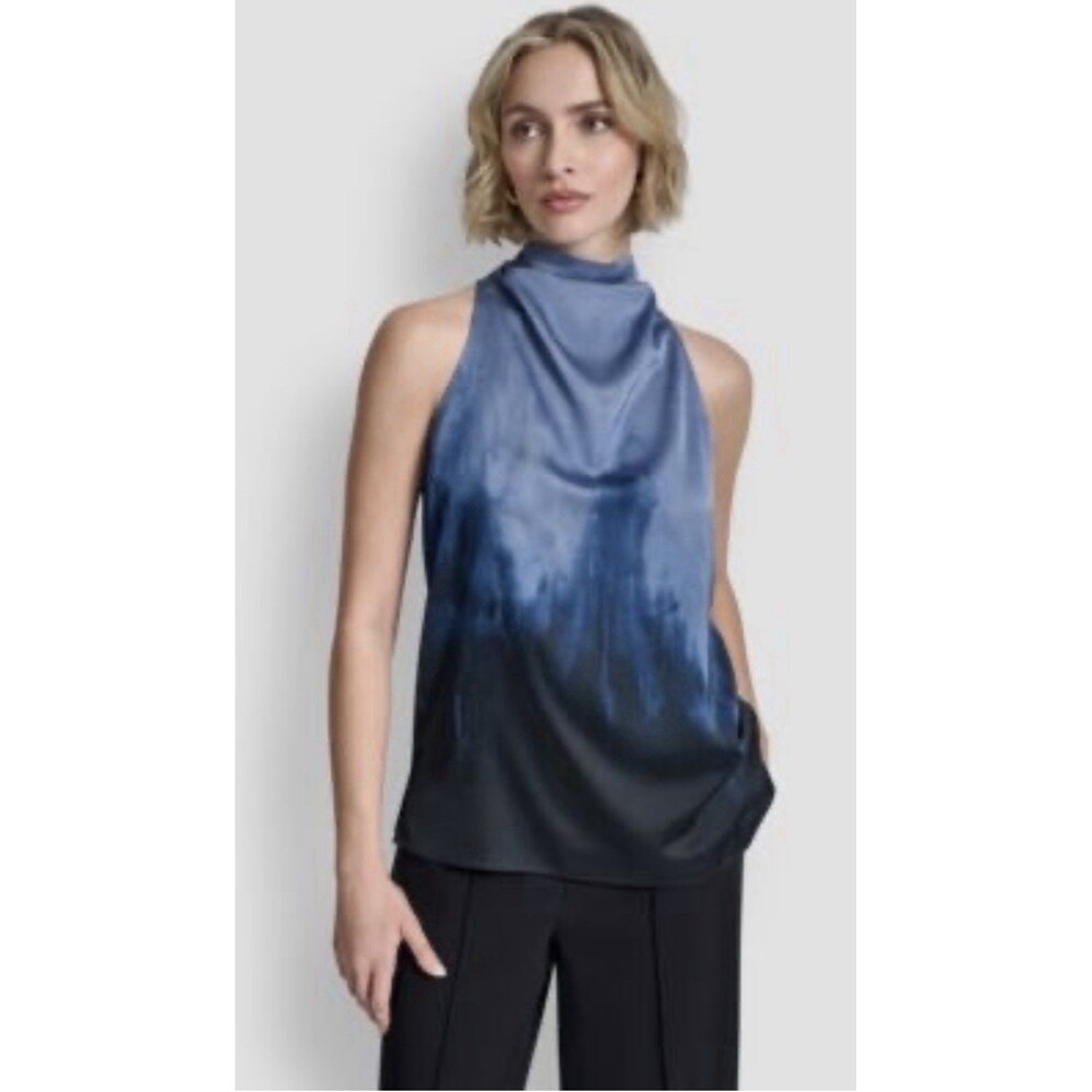 DKNY Women's Blue Silky Sleeveless Cowl Neck Blouse Top Size Large